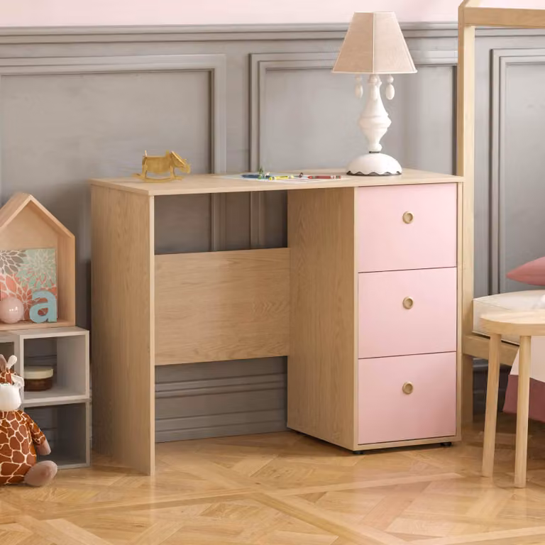 Junior Vida Bureau met 3 laden voor kinderen, Roze en eikenhout, B: 70,5 cm, D: 40 cm, H: 91,3 cm
