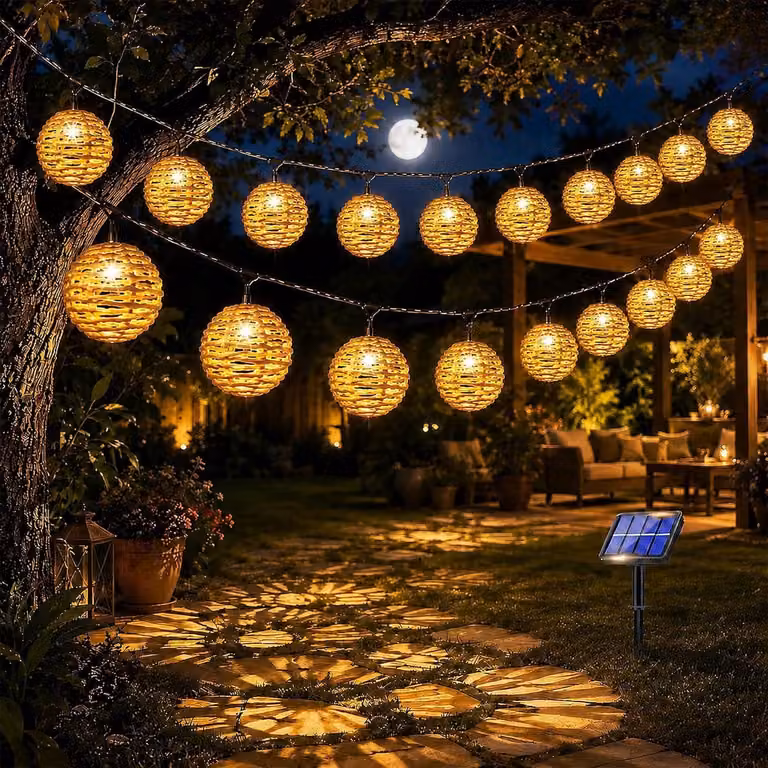 Waterdicht lichtsnoer op zonne-energie met 10 LED rotanbollen voor buiten, tuin en balkon