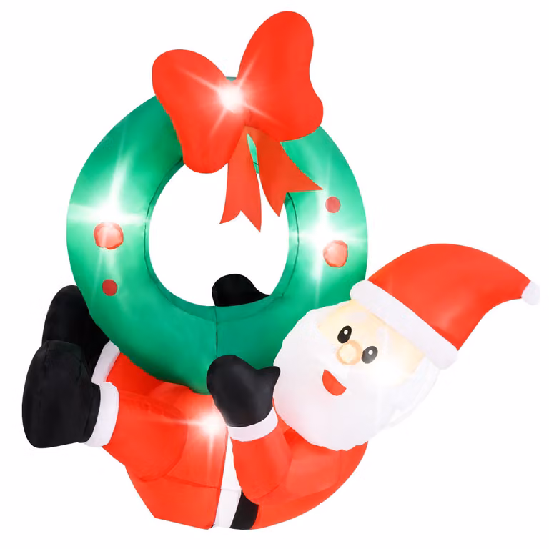 Costway Opblaasbare Kerstkrans met Kerstman en Rode Strik, Verlicht met 5 LED-lampjes, 120 cm, voor Binnen en Buiten