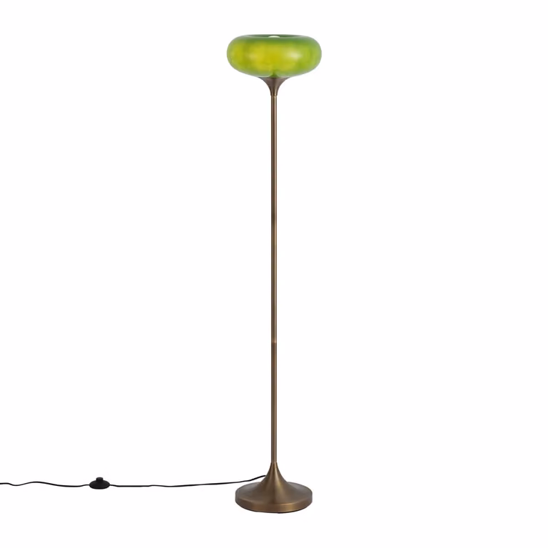 Qazqa Retro vloerlamp brons met groene glazen kap, Hoogte: 150 cm