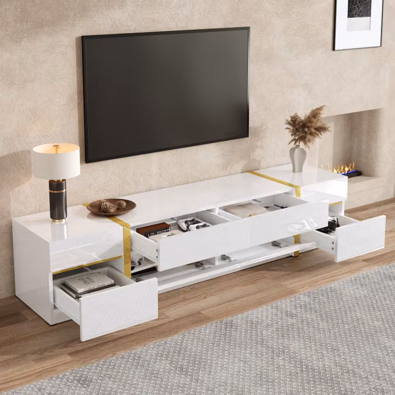 STILVORA TV-standaard met hoogglans en gouden accenten, moderne witte TV-kast met lades en deuren, B/D/H: 180 x 40 x 38 cm