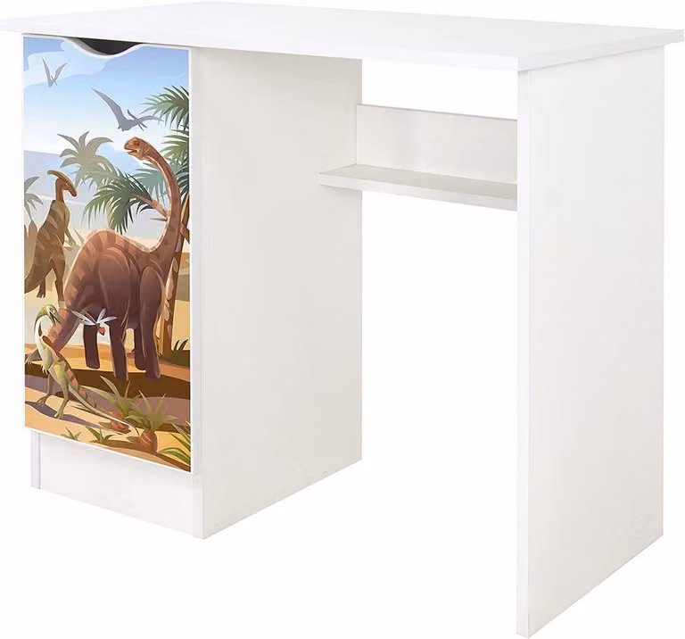 Wit bureau voor kinderkamer met opbergkast en dino print, B/D/H: 90 x 50 x 77 cm