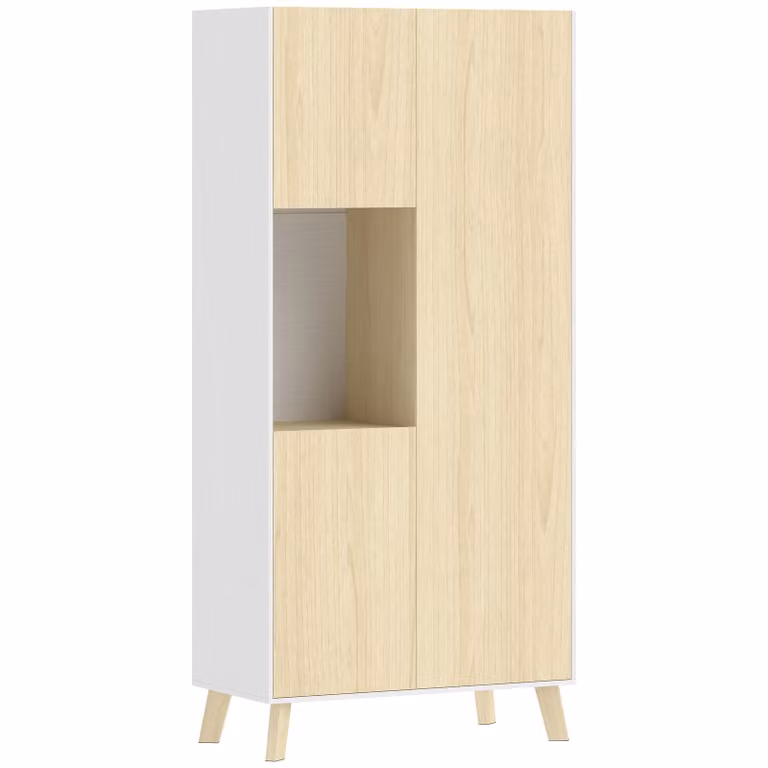 HOMCOM Buffetskast met 8 vakken, soft-close scharnieren en verstelbare planken, natuurhout en wit, B: 80 cm, D: 40 cm, H: 170 cm