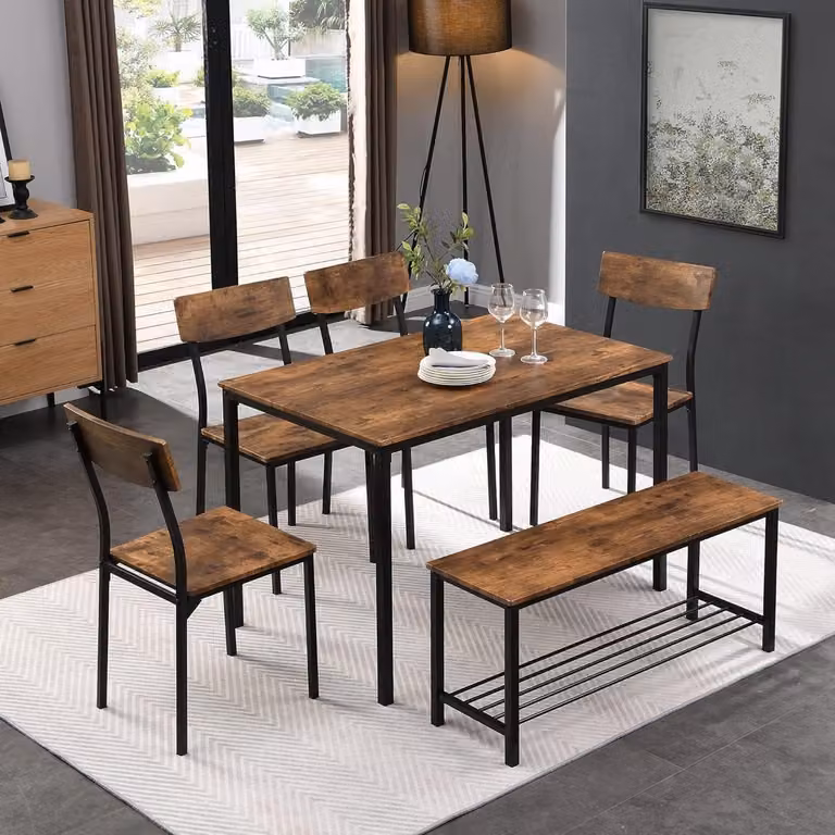 Industriële eetkamerset met tafel, 4 stoelen en hoekbank