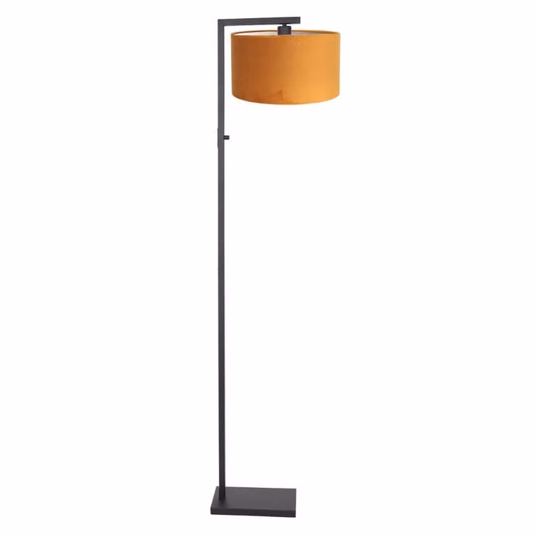 Steinhauer Stanger staande schemerlamp met zwart en oranje velours kap en goudkleurig metalen voet
