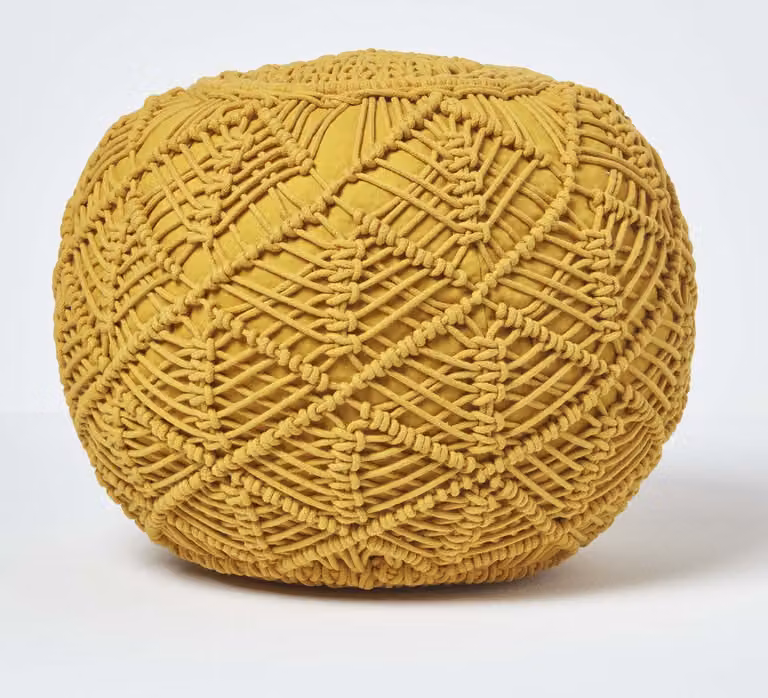 Homescapes Grote gehaakte poef, mosterdgeel, B: 40 cm, D: 50 cm