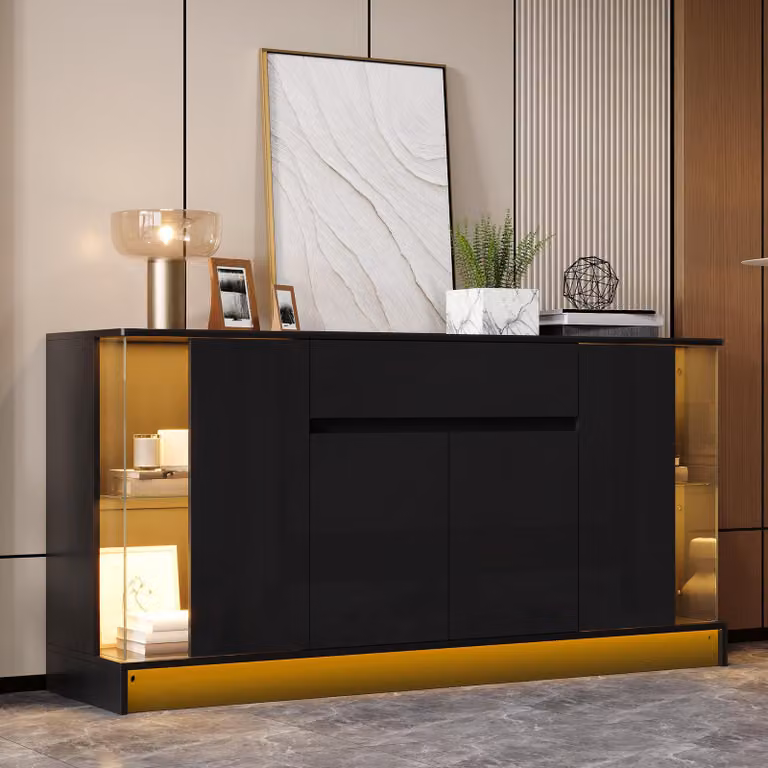 STILVORA dressoir met APP-LED-verlichting, lade en glazen vitrine met dubbele deur in hoogglans