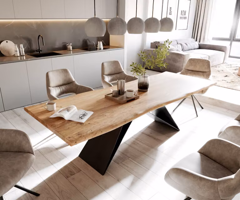 DELIFE Eettafel Edge 260 x 100 cm Acacia Natuur met V-frame Vlakstaal Zwart en Live-Edge