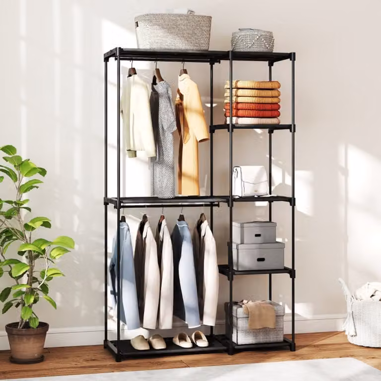 COVREO Open kledingkast met kledingstang en 6 planken, zwart, B: 111 cm, D: 43 cm, H: 185 cm