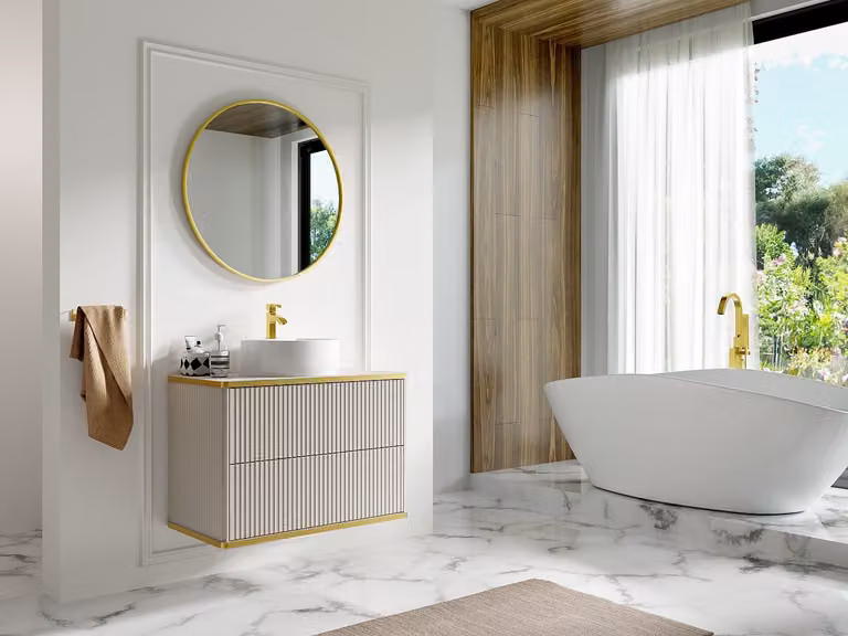 KELIZA Hangmeubel voor badkamer met ribbels en goudkleurige rand, Beige en Wit, Breedte: 80 cm
