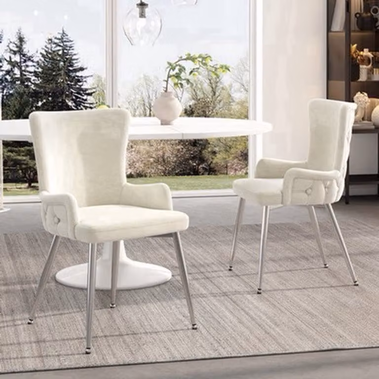 Eetkamerstoel Set met Luxe Beige Bekleding en Zilveren Metalen Frame