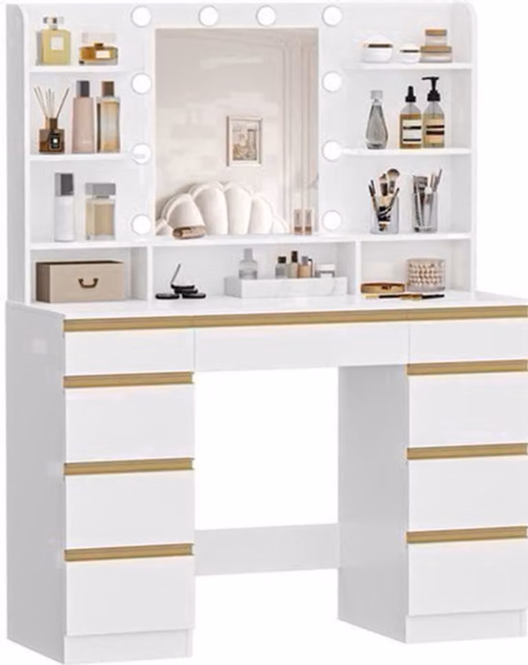 Wit Kaptafel met Gouden Accenten, Grote HD Spiegel, 1 Grote Lade, 8 Kleine Laden en 9 Open Planken, B: 140 cm, H: 108 cm, D: 40 cm
