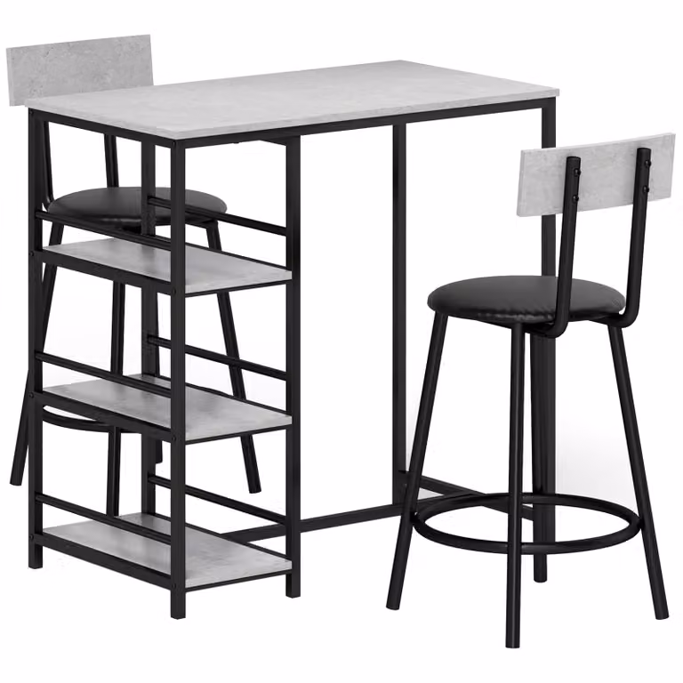 HOMCOM 3-delige eetset met bartafel en 2 stoelen, compacte keukenset met zijplanken, zwart