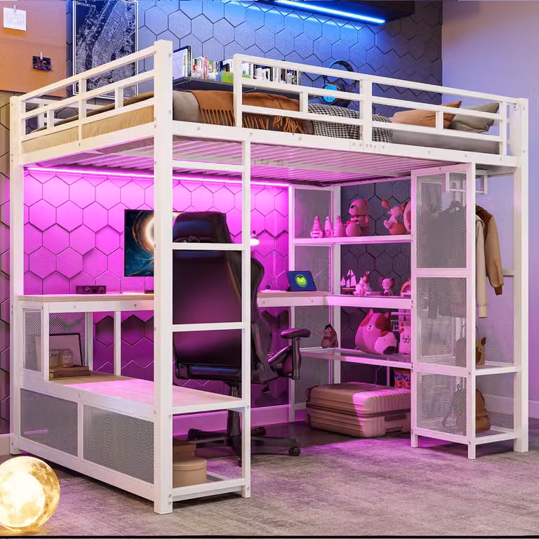 Clruro Hoogslaper met Open Kledingkast, USB-oplaadpoort en LED-verlichting, Wit, 140 x 200 cm