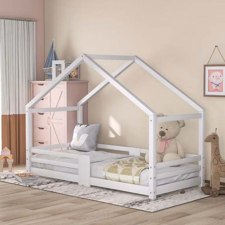 Sweiko Kinderbed Familiebed met Schoorsteen en Valbeveiliging, Grenen, Wit, 90 x 200 cm