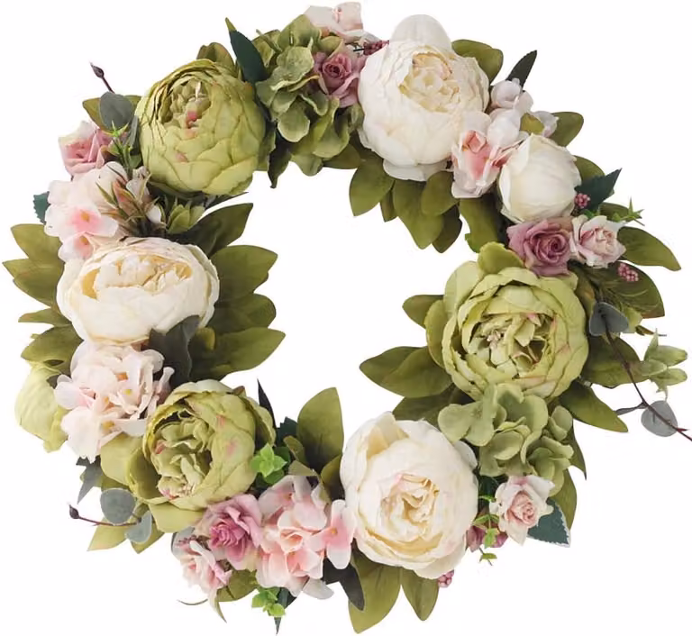 Luxe Kunstmatige Ronde Deurkrans met Lente Bloemen en Eucalyptus voor aan de Voordeur of Muur