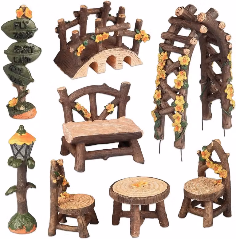 ServiceTopper Miniatuur tuinaccessoires 8 stuks, kleurrijke decoratie voor terrariums en fairy gardens, multicolor en zwart