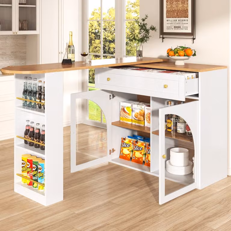 OKWISH Bartafel met opbergruimte, uittrekbaar en 360 graden draaibaar, wit MDF met metalen handgrepen, B/D/H: 138-204 x 39 x 104 cm