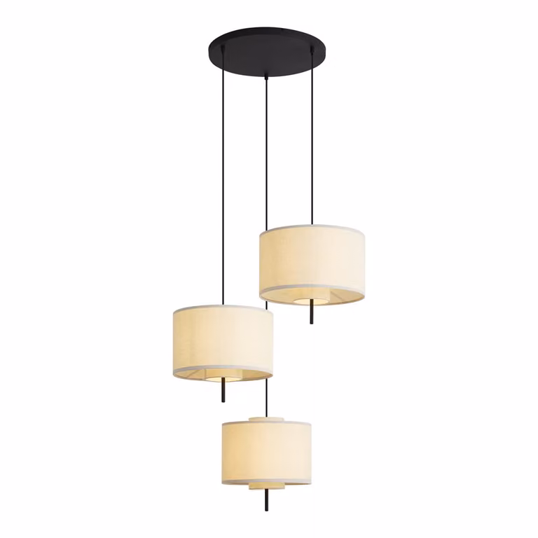 Qazqa Scandinavische hanglamp zwart met witte linnen kap, 3-lichts, hoogte verstelbaar