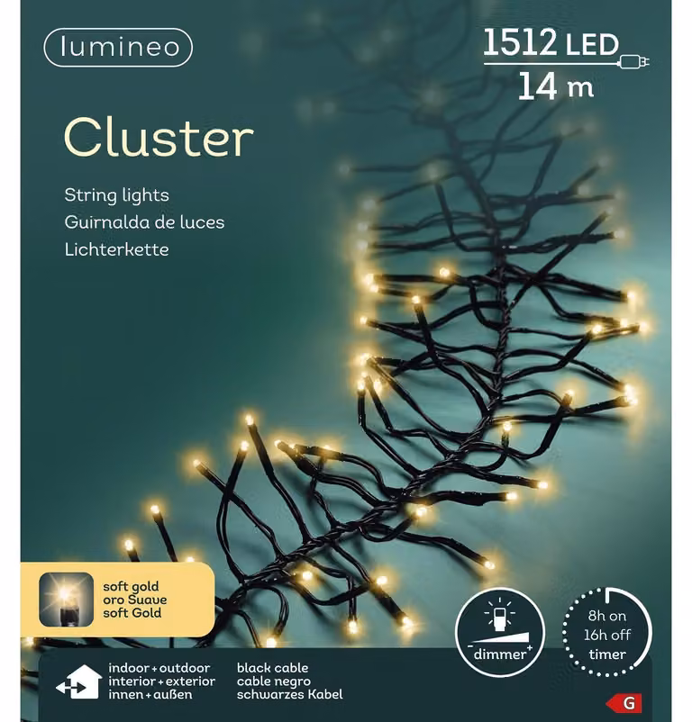 Lumineo Led cluster 14 meter 1512 LED zwart/soft gold