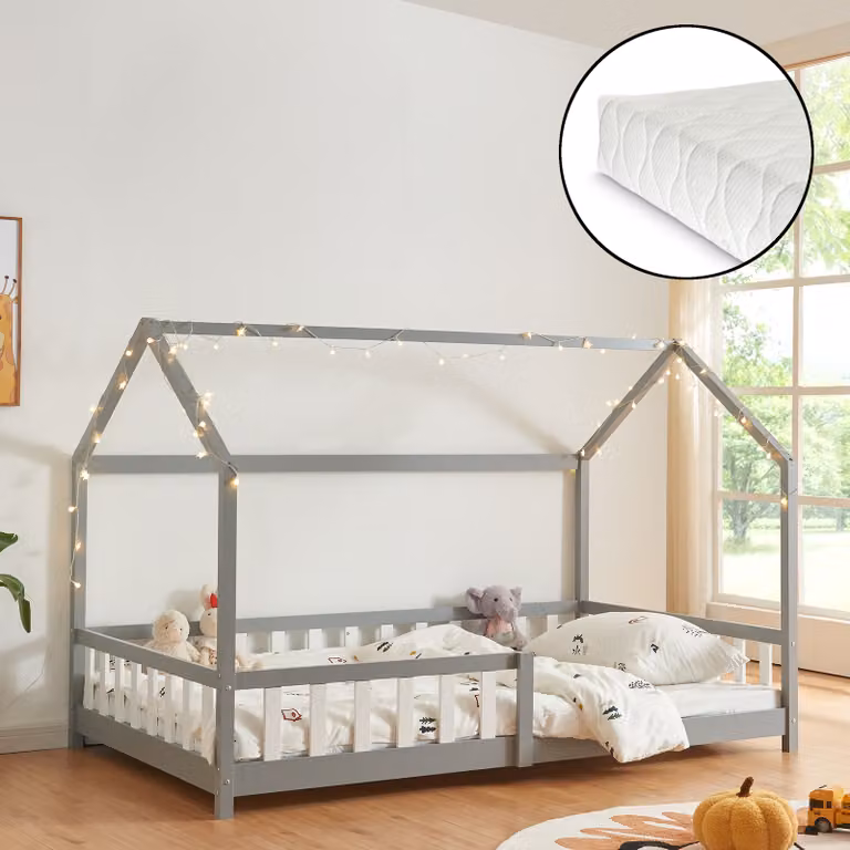 en.casa Kinderbed Hesel van massief hout met matras en valbeveiliging, grijs, B/D/H: 120 x 200 cm