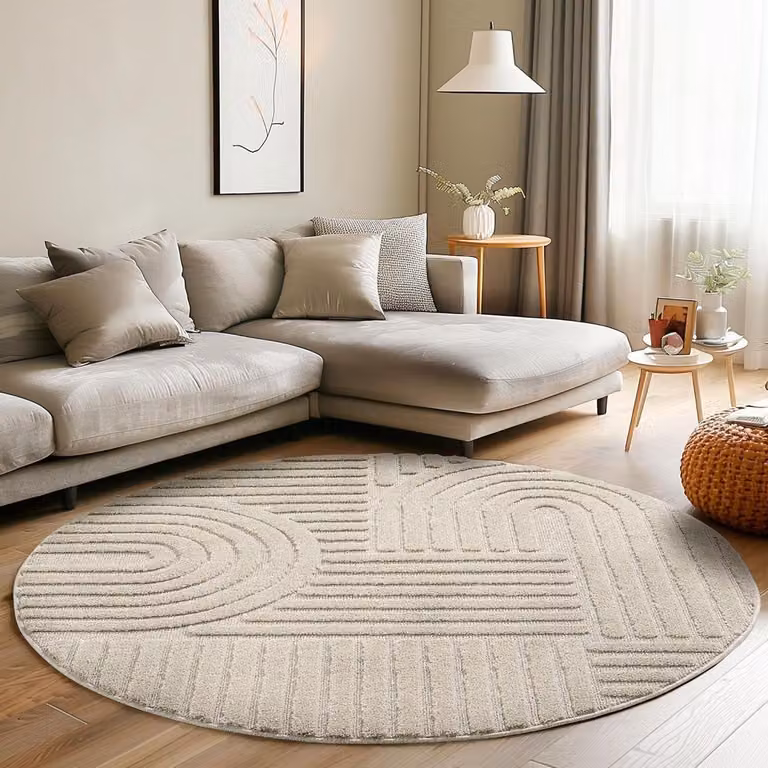 Rond Hoogpolig Vloerkleed Beige met Abstract Boho Design - Diameter: 120 cm