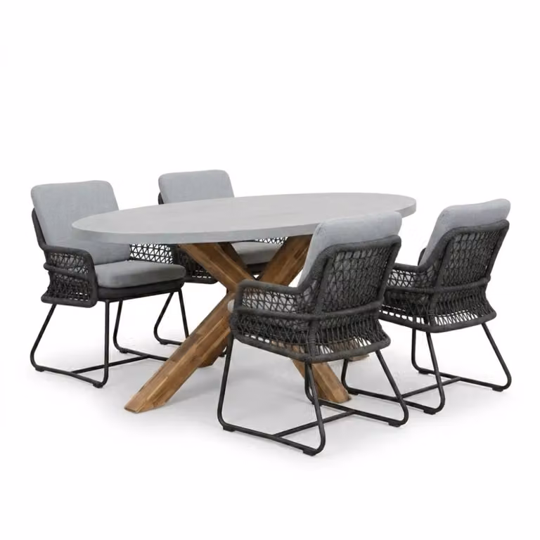 Livorno/Gianna Stone Grey eettafelset voor 4 personen van polystone en touw, Breedte: 200 cm