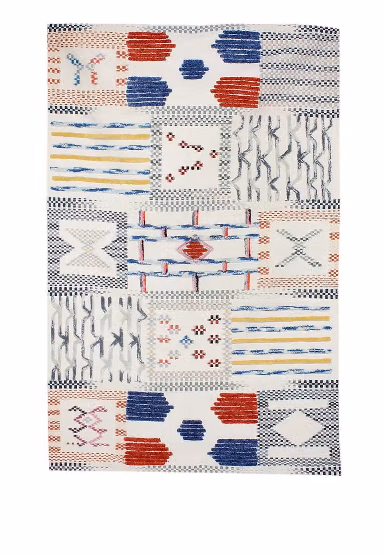 Padiro laagpolig vloerkleed wol en katoen - crème / offwhite - abstract boho-ontwerp - patchworkstijl - B/D: 120 x 170 cm