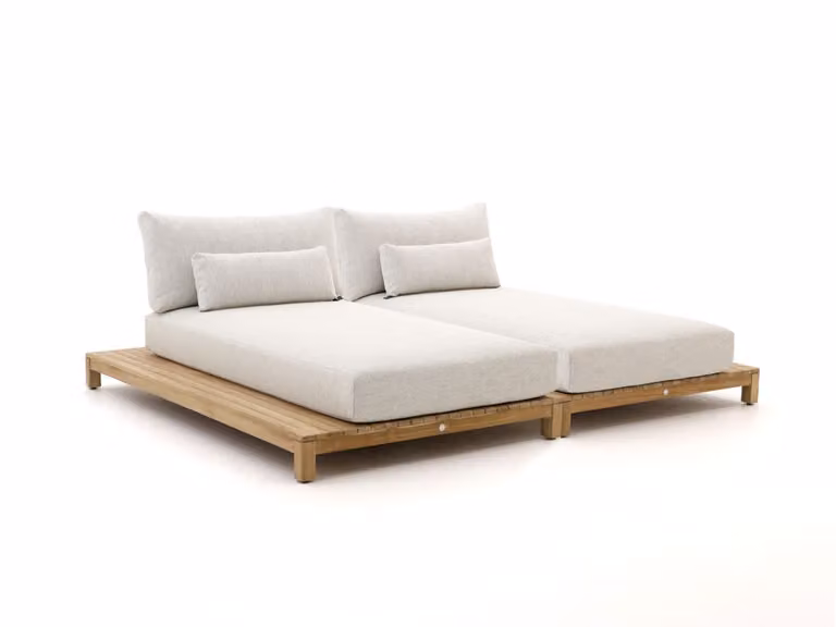 SUNS Ligstoel voor in de tuin van teakhout met beige textiel