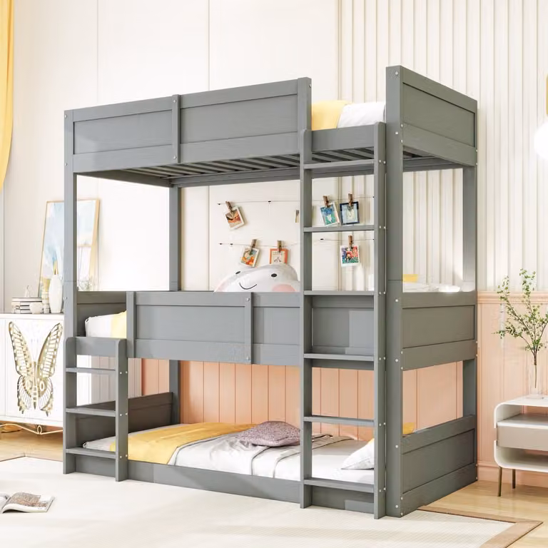 Mivray Kinder Stapelbed met Drie Slaapplaatsen en Hoog Veiligheidshek - Grijs - 90 x 200 cm