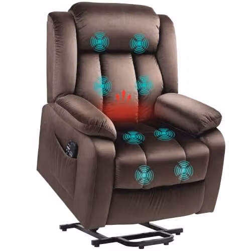 HOMCOM Elektrische relaxfauteuil met opstahulp en massagestoel - Bruin - Met lendenverwarming, vibratiemassage, USB-aansluiting en ligfunctie