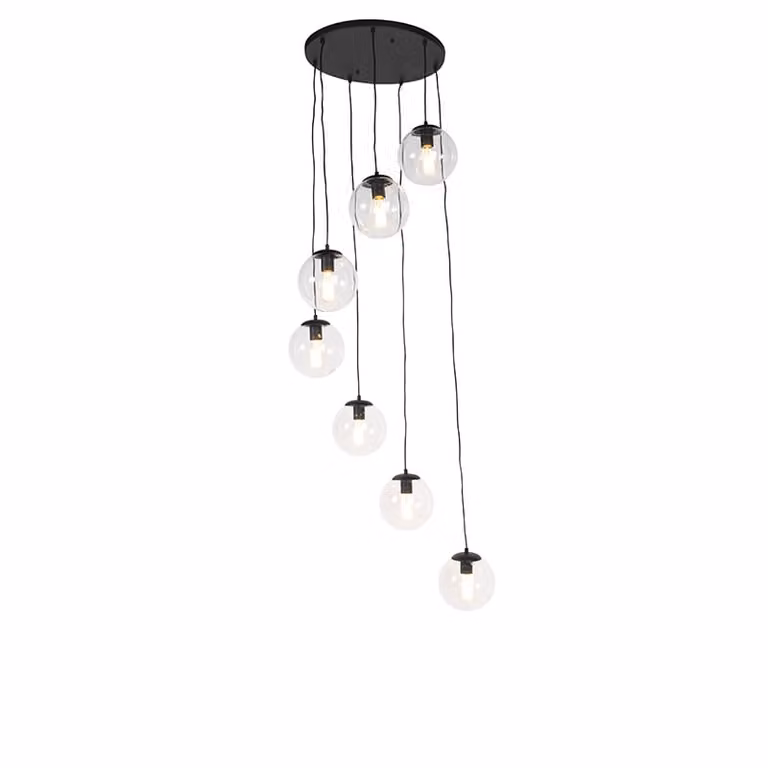 Qazqa Art Deco hanglamp zwart met 7 glazen bollen en dimbare E27 fittingen