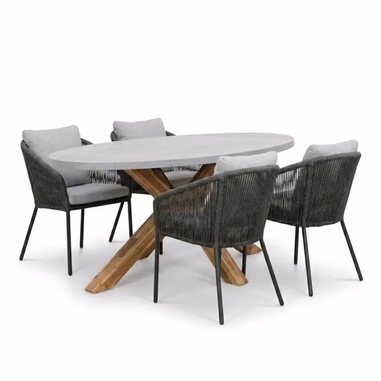 Livorno/Lexis Stone Grey eettafelset voor 4 personen met polystone en touw, Breedte: 200 cm