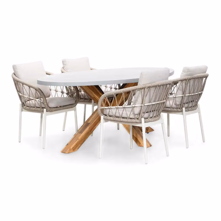 Livorno/Dakota dining tuinset voor 4 personen in beige/wit met betonlook en touw, 200 cm ovaal
