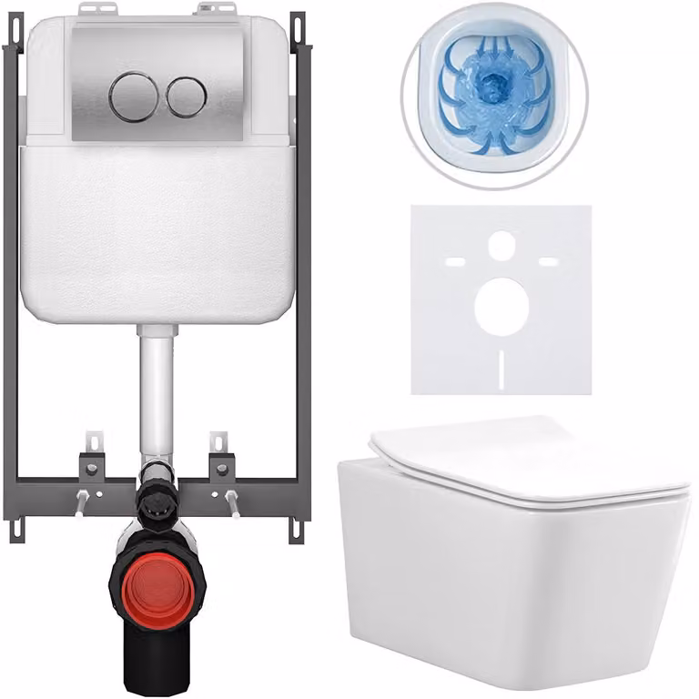 CERANO Toiletset Forte inbouwmodel - Wit glanzend - met zilveren bedieningsknop Prime/Duo - 51 x 36 cm