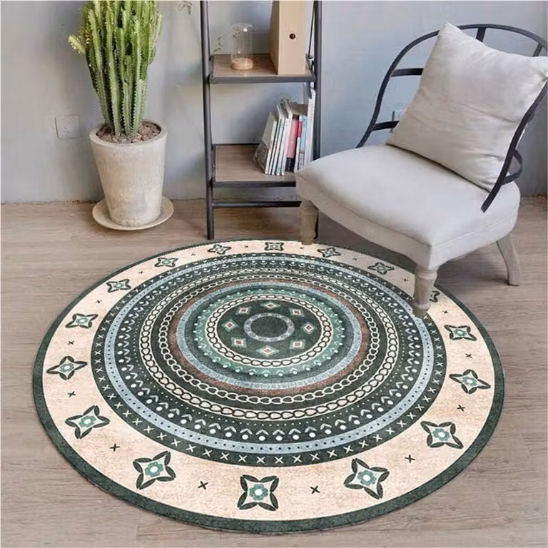 Rond Vloerkleed Kristal Velvet in Beige Groen Grijs - Diameter: 140 cm