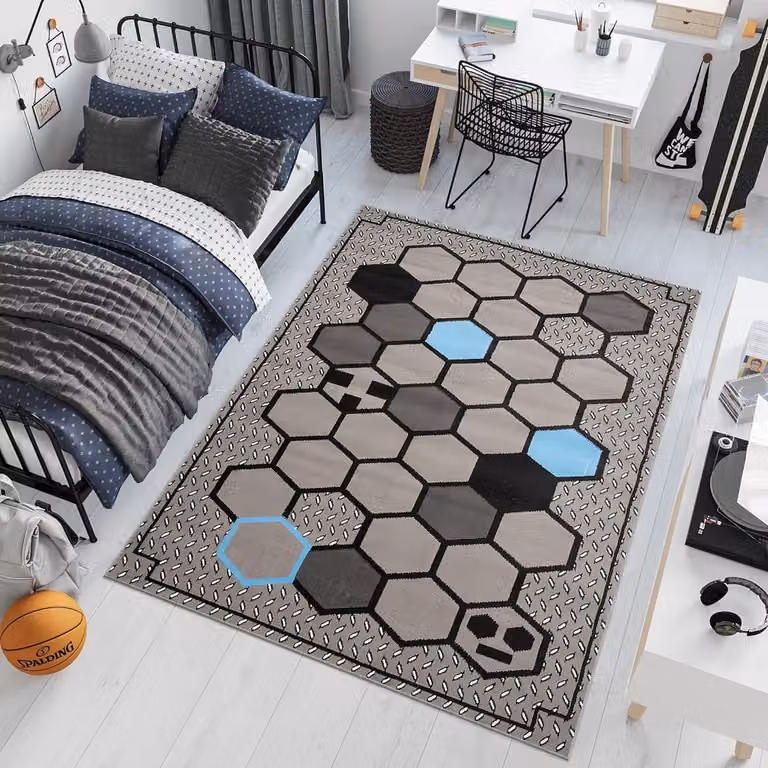 Tapiso Patras Vloerkleed Grijs Blauw Zwart voor Kinderkamer en Jeugdkamer, 80 x 150 cm