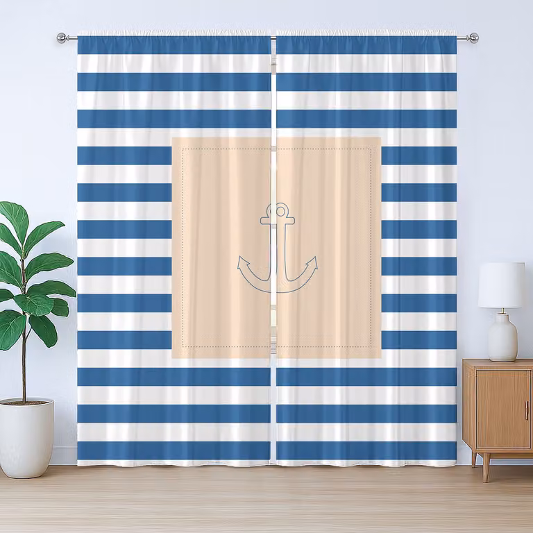 ABAKUHAUS Rustiek Gordijn met Havenstreep en Maritiem Anker, Violet Blauw Perzik Wit, 280 x 175 cm