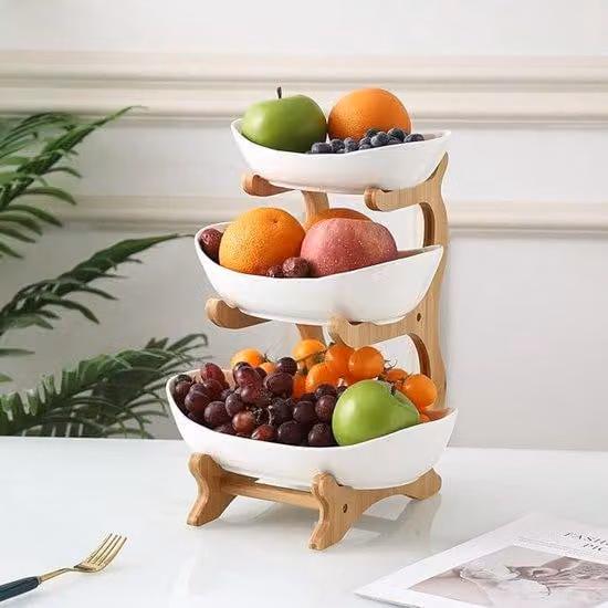 Famanu keramische fruitschaal met 3 etages en bamboe voetstuk voor fruit en snacks