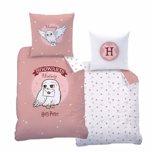 Harry Potter Hogwarts Beddengoed Set met Hedwig de Uil, Roze Flanel, Dekbedovertrek 135 x 200 cm en Kussensloop 80 x 80 cm