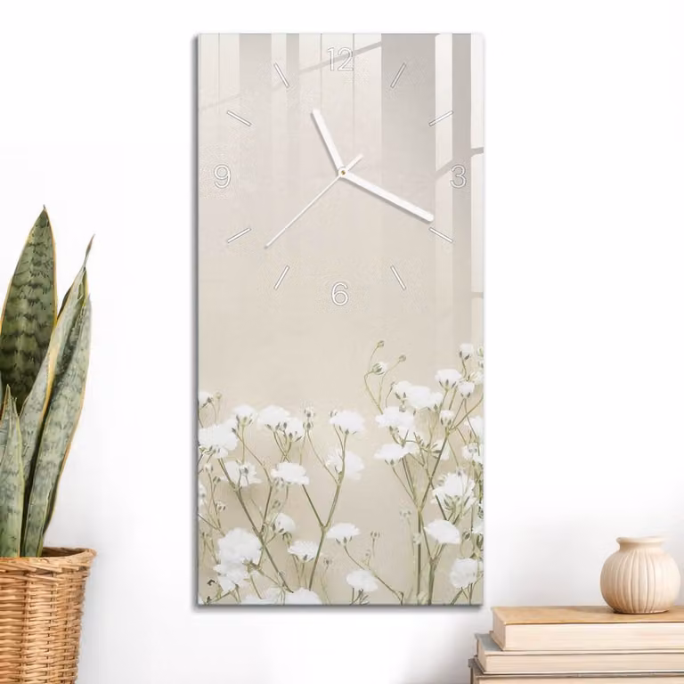 ArtPrintCave Beige Glazen Wandklok met Bloemrijk Minimalisme - B/D/H: 60 x 30 cm