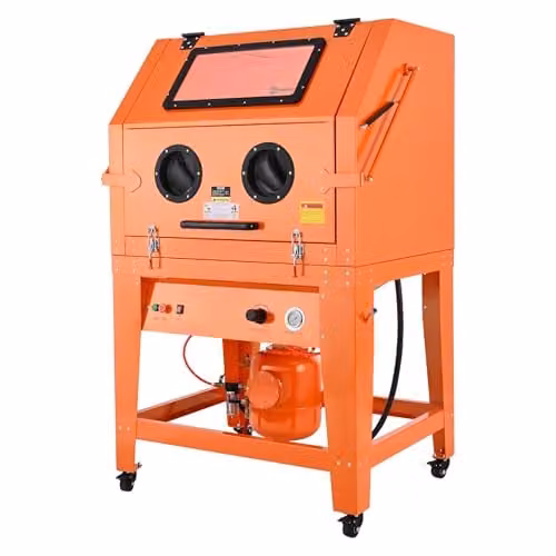 VEVOR Industriële zandstraalkast van staal met 121 L reservoir en 1,6 HP stofafzuiging, oranje zandstraalunit op wielen voor oppervlaktebehandeling van grote onderdelen