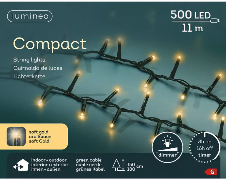 Lumineo LED compact kerstverlichting 11 meter 500 LED groen/soft gold