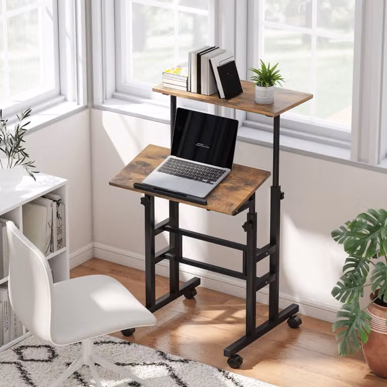 REDOM Verstelbaar Bureau met Kantelbaar Werkblad en Wielen - Industrieel - Rustiek Bruin - B: 60 cm, D: 60 cm, H: 70,5-120 cm