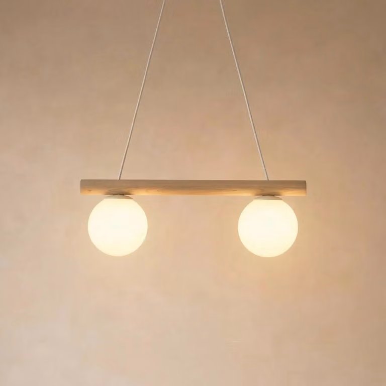 HELam Hanglamp Woodstock, Beige/Wit, Hout en Metaal, Dimbaar