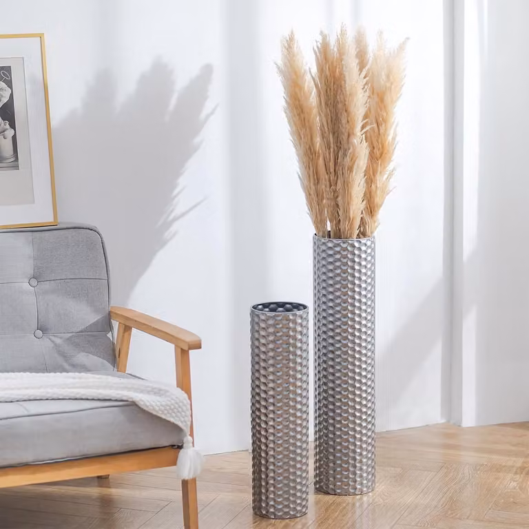 Set van 2 zilveren vloervazen met honingraat design, Hoogte: 70 cm en 55 cm