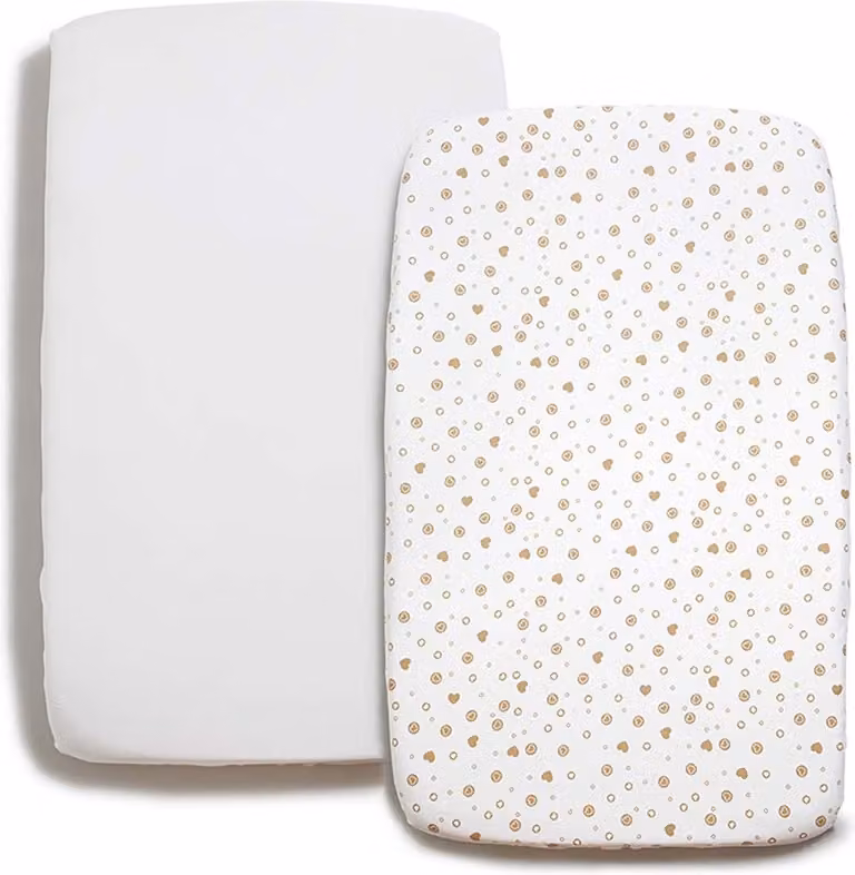 2-delige katoenen beddengoed set voor babybedjes en wiegjes, 2 hoeslakens in wit en wit met gouden hartjes en rondjespatroon, 90x50 cm