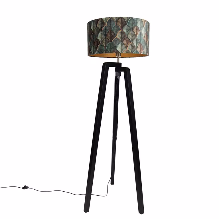 Qazqa Vloerlamp Tripod met Stoffen Kap in Zwart en Goud/Messing, Hoogte: 150 cm