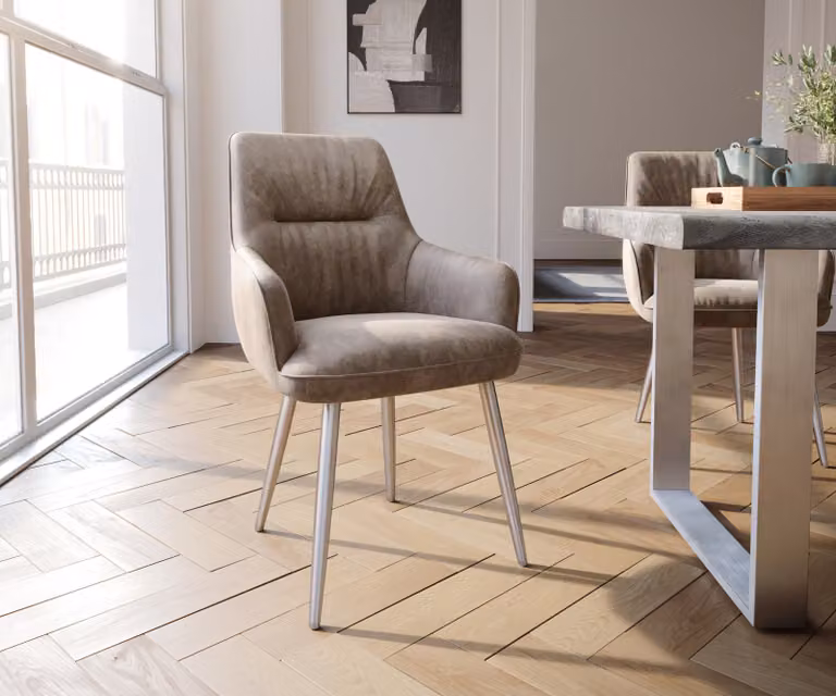 DELIFE Eetkamerstoel Zelia-Flex met armleuning, Taupe Microvelours, Vintage Design met RVS Conische Poten