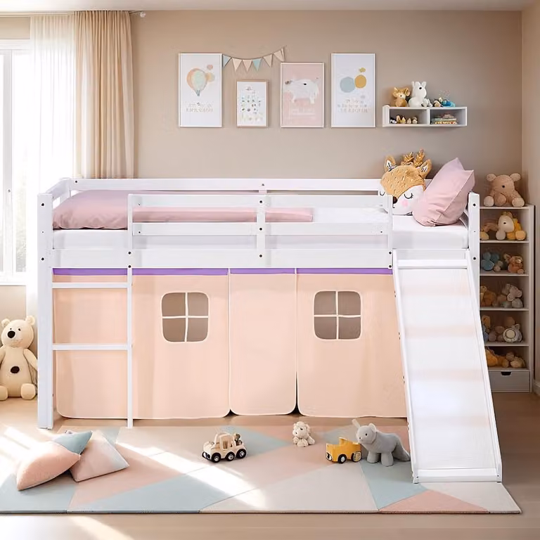 Massief houten hoogslaper met glijbaan en ladder voor kinderen, wit en lila-beige, B/D/H: 90 x 200 cm